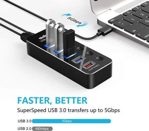 Vista 2 de Concentrador USB con alimentación, atolla Concentrador USB de aluminio de 5 puertos USB 3.0 con 4 puertos de datos USB 3.0 y 1 puerto de carga