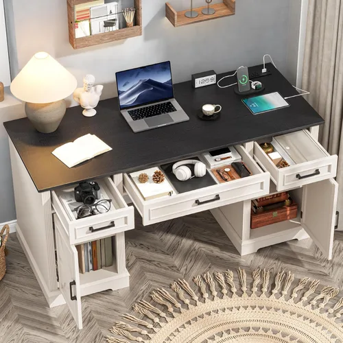Vista 3 de Halitaa Farmhouse 55.1" Executive Desk with 3 Drawers, Vintage White Antique White
