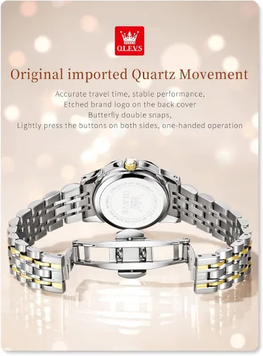 Vista 5 de OLEVS Reloj de pulsera para mujer, de acero inoxidable, de dos tonos, de acero inoxidable, analógico, de cuarzo, para mujer