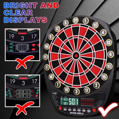 Vista 7 de WIN.MAX Tablero electrónico de dardos de punta suave, juego de pantallas LED, 3 idiomas con 12 dardos 100 puntas adaptador de corriente