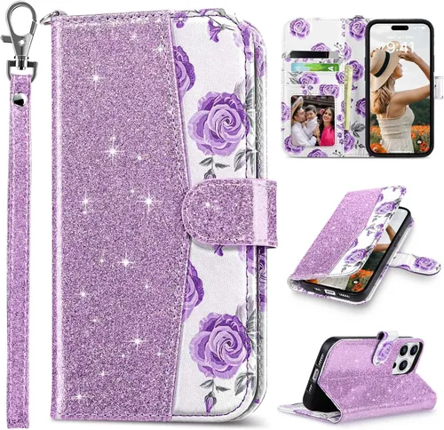 Vista 37 de ULAK Funda tipo cartera compatible con iPhone 15 Pro con tarjetero y diseño de flores, para mujeres y niñas, piel sintética, con función atril