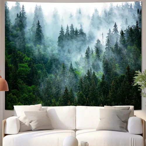 Vista 11 de Atrippy Tapiz verde de naturaleza forestal para dormitorio, paisaje brumoso, telón de fondo para colgar en la pared, mural de pared grande, tapices