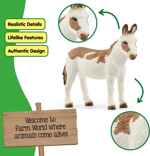Vista 3 de Schleich Farm World - Figura de animal de burro manchado americano – Juguete de animal de granja altamente detallado y duradero, juego divertido