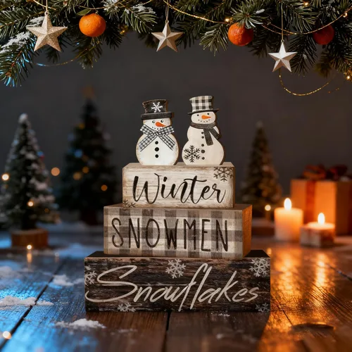 Vista 3 de 4 piezas de decoraciones navideñas para interiores - Decoración de mesa de muñeco de nieve de invierno de madera para el hogar - Centro de mesa