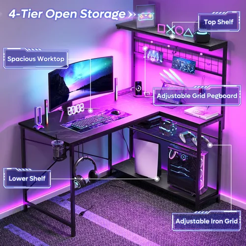 Vista 5 de Bestier Escritorio de juegos en forma de L de 42 pulgadas, escritorio para computadora con tomas de corriente y luz LED, escritorio reversible