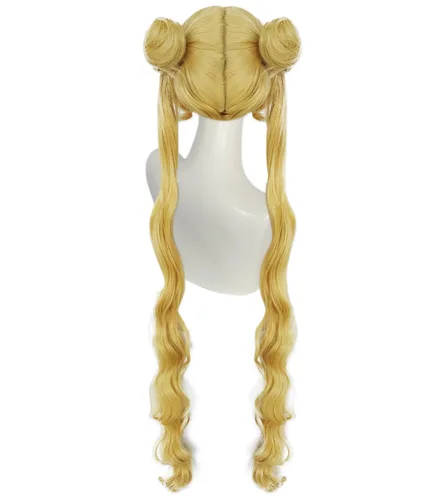 Vista 4 de Ebingoo Peluca rubia para niñas con dos colas de caballo, peluca de luna marinera + gorra de peluca, pelucas largas rubias con coletas con moños