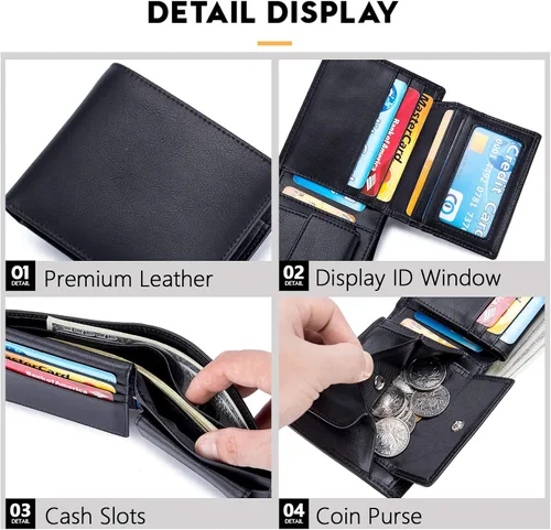 Vista 4 de OFAMOUS Cartera de cuero para hombre con bolsillo para monedas, ventana de identificación abatible, bloqueo RFID, billetera delgada con bolsillo