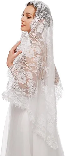 Vista 4 de Velo de mantilla de encaje, bufanda de encaje floral vintage, triángulo blanco, velo de boda, velos largos de capilla, iglesia católica de misa