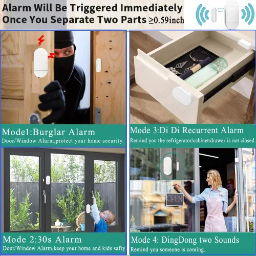 Vista 5 de Alarma con sensor de ventana de puerta cuando se abre la puerta, alarma de puerta para seguridad de niños en el hogar con control remoto, alarma