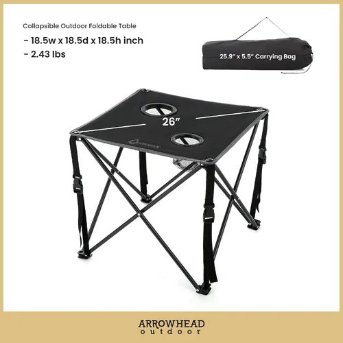 Vista 6 de ARROWHEAD OUTDOOR Mesa plegable portátil de 26 pulgadas (26.0 in), 2 portavasos, cuadrado, funda de transporte, marco de acero, lona 600D de alto