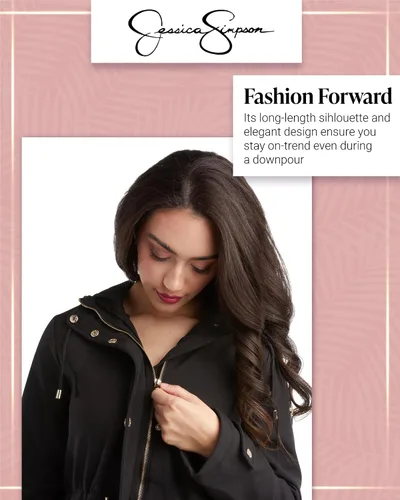 Vista 3 de Jessica Simpson Chaqueta impermeable Softshell resistente al agua, con volantes en la espalda, chaqueta larga con capucha para mujer, S-XL