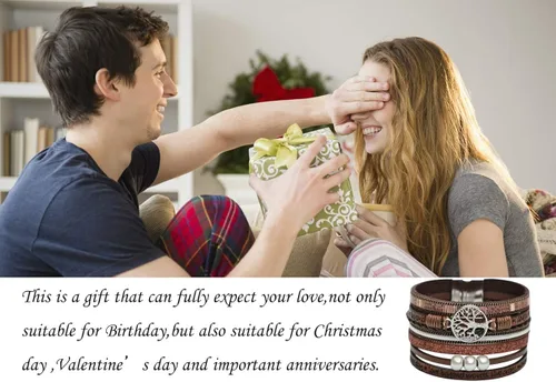 Vista 6 de Pulsera de cuero para mujer, pulsera de hebilla ancha, pulsera de perlas con hebilla magnética para mujer, joyería de Navidad, cumpleaños, San