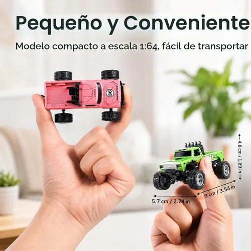 Vista 5 de Mini camión monstruo de control remoto a escala 1:64 con remolque 2.4 GHz y control dual de aplicación, mini auto RC de aleación con luces LED Azul