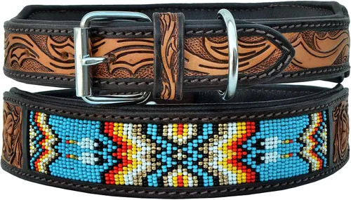 Vista 2 de Collar de cuero para perro, estilo occidental, resistente, manual, ajustable, con cuentas y acolchado, suave para cachorros y perros grandes, 10AB011