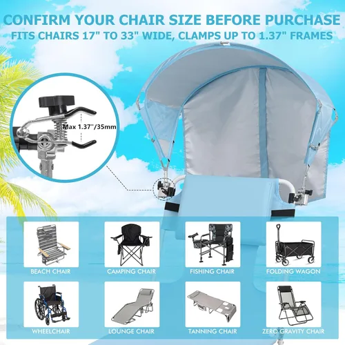 Vista 3 de Toldo Universal para Silla con Sombrilla, Protección Solar UPF 50+ con Abrazadera Ajustable, Compatible con la Mayoría de Marcas de Sillas de Playa