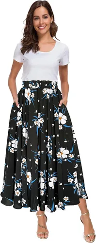 Vista 22 de Afibi Falda de gasa con estampado floral de cintura alta para mujer, estilo swing, de playa, midi, larga con bolsillos Negro