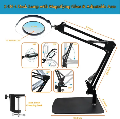 Vista 5 de Lámpara de escritorio con lupa de 15X con base de metal, 5 modos de color, 10 niveles de brillo ajustable, brazos de aluminio flexibles giratorios