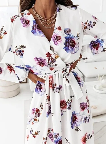 Vista 3 de Vestido de verano para mujer, para playa, con estampado floral, cuello en V, manga larga, vintage, con cinturón