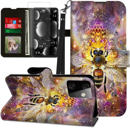 Vista 327 de Funda para Motorola Edge 2022 con protector de pantalla, soporte y tarjetero y correa para la muñeca, funda magnética para Moto Edge 2022 5G UW Lobo