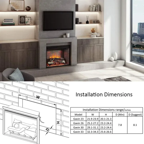 Vista 3 de RICHFLAME Gavin 23 Pulgadas Chimenea Eléctrica de Inserción con Tronco y Altavoz, Diseñada para Montaje en Pared, Apertura para Quema de Madera