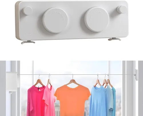 Vista 8 de Tendedero retráctil Línea de ropa para interiores y exteriores Línea de secado de ropa resistente Estante de secado de ropa montado