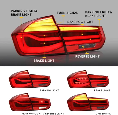 Vista 5 de YUANZHENG Luces traseras secuenciales LED para [BMW F30 F80 320i 328i 335i Sedan 6ª generación 2013 2014 2015 2016 2017 2018] con DRL de fibra Rojo