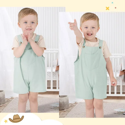 Vista 3 de MBMSHEGH Conjunto de ropa de verano para bebé y niño, con parte superior acanalada y tirantes con botones