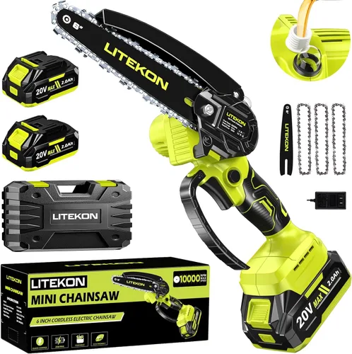 Vista 8 de Mini motosierra inalámbrica con batería de 2000 mAh y cargador rápido y 2 cadenas, la mejor motosierra eléctrica de 6 pulgadas con sistema de aceite
