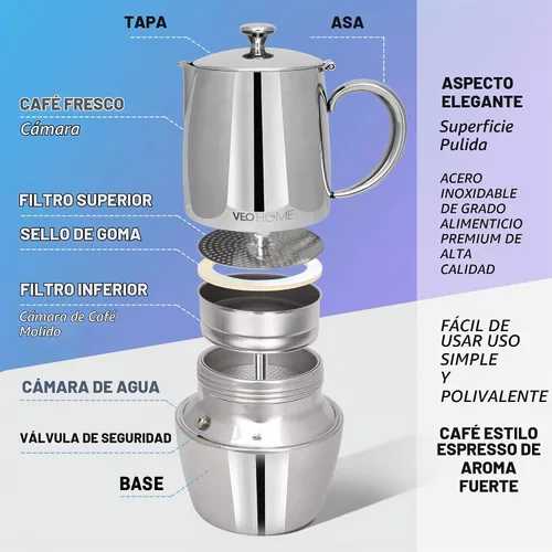 Vista 2 de VeoHome Cafetera espresso para estufa - l olla de inducción de acero inoxidable con múltiples estufas (10.1 fl oz)