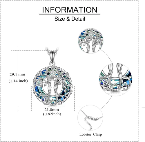 Vista 4 de ONEFINITY Collar de árbol de la vida para mujer, plata de ley, concha de abulón, cristal de árbol de la vida, collar con colgante de árbol