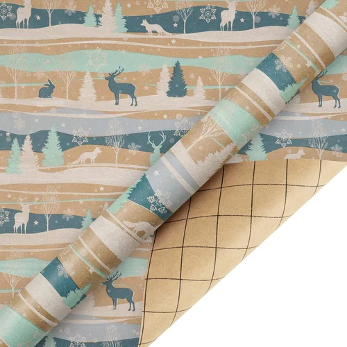 Vista 7 de RUSPEPA Papel de regalo de Navidad, papel kraft – reno, rayas y copos de nieve en diseño azul – 4 rollos – 30 pulgadas x 10 pies por rollo