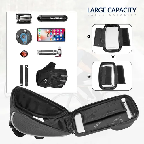 Vista 5 de ROCKBROS Bolsa de montaje para teléfono de bicicleta, bolsa para manillar con marco frontal para bicicleta, funda impermeable para teléfono, bolsa