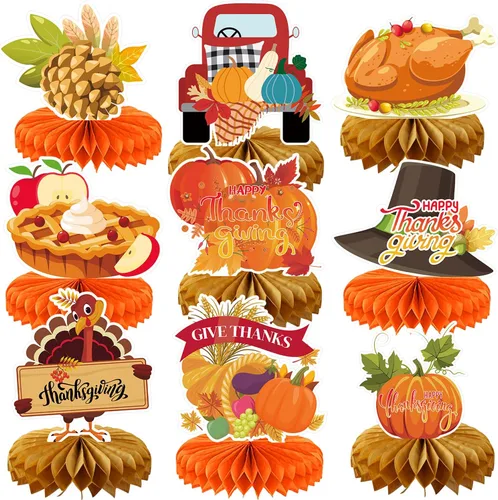 Vista 9 de Centro de mesa de Acción de Gracias, 9 piezas, decoración de mesa de otoño, calabaza, pavo, panal, Acción de Gracias, centro de mesa para decoración