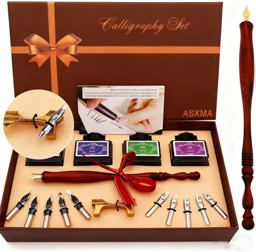 Vista 7 de Juego de plumas caligráficas de inmersión con 6 botellas de tinta, Pluma de Ganso, Pluma de Inmersión de Madera, Pluma de Inmersión de Vidrio, Kits