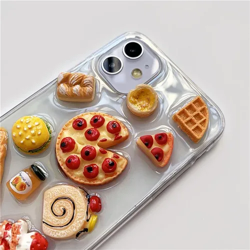 Vista 2 de Funda 3D para Apple iPhone 15 Pro Max 14 13 12 11 X Xr, funda transparente para teléfono celular, diseño realista de tartas de pizza, pan, donas