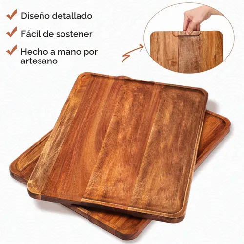 Vista 3 de Roowest - Paquete de 5 bandejas de madera maciza de acacia para alimentos Grabado láser, tablero rectangular de madera para aperitivo, bandeja