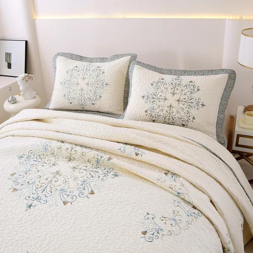 Vista 4 de vctops Juego de 2 fundas de almohada elegantes bordadas con flores, tamaño Queen, 100% algodón, decorativas, acolchadas (azul, 20 x 26 pulgadas)