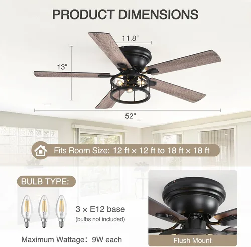 Vista 5 de Ventilador de techo rústico de granja de montaje empotrado de 52 pulgadas con luz y control remoto, motor AC reversible, 5 aspas de doble acabado