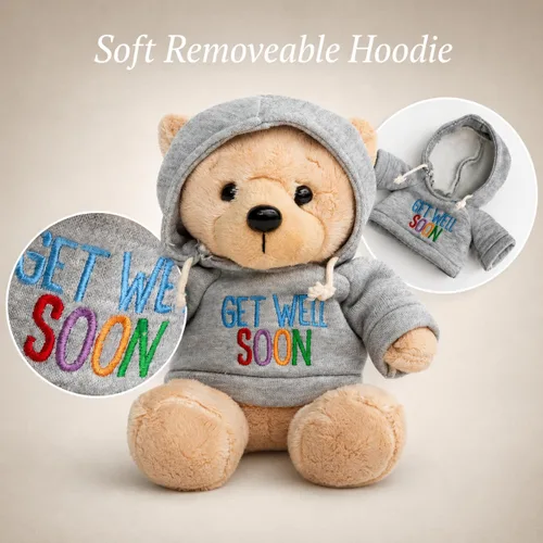 Vista 4 de Ganz Oso de peluche Get Well Soon de 9 pulgadas con capucha gris, regalo para niños y mujeres (animal de peluche de nariz bronceada)