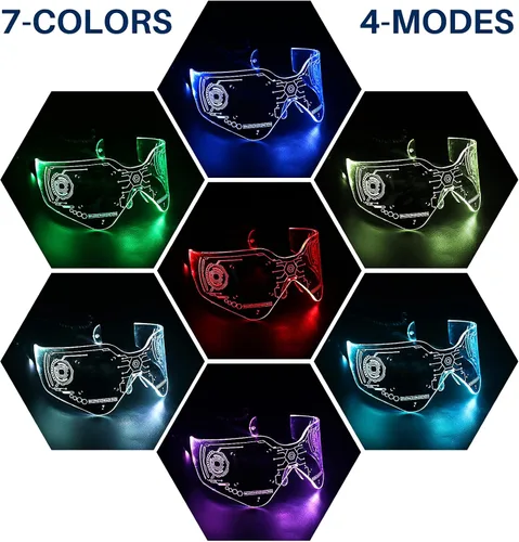 Vista 2 de SAFEBAO Lentes de visera LED para adultos con 7 colores y 4 modos de luz recargables, perfectos para festivales, fiestas, regalos, bailes