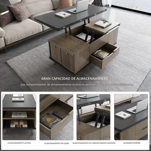 Vista 3 de Mesa de centro elevable con 4 taburetes de poliuretano, mesa de centro clásica de color negro con contraste marrón que se convierte en mesa