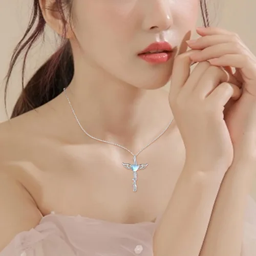 Vista 5 de Angel Necklace 925 Sterling Silver OpalMoonstoneBlue Crystal Angel Wings Cross Urn Pendant Necklace Hypoallergenic Moonstone Angel Cross Pendant