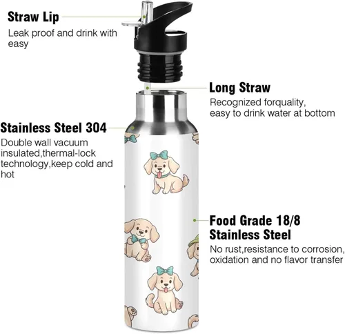 Vista 3 de Cute Cartoon Dogs White Insulated Stainless Steel Water Bottle with Straw 20 Oz Leakproof Water Bottles, BPA-Free Sports Water Bottle with Straw