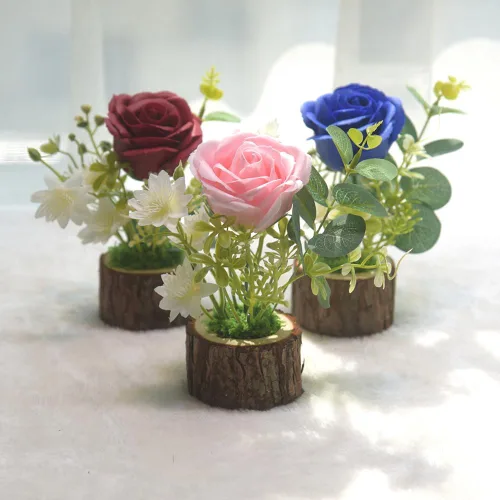 Vista 2 de Plantas artificiales en maceta, mini ramo de rosas de seda con maceta de Rojo + Rosa + Azul