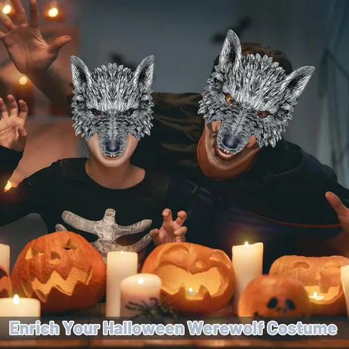 Vista 6 de Exlinonline Disfraz de lobo de hombre lobo para mujeres, hombres, adultos y niños con orejas de lobo grandes y malas, guante y máscara para Halloween