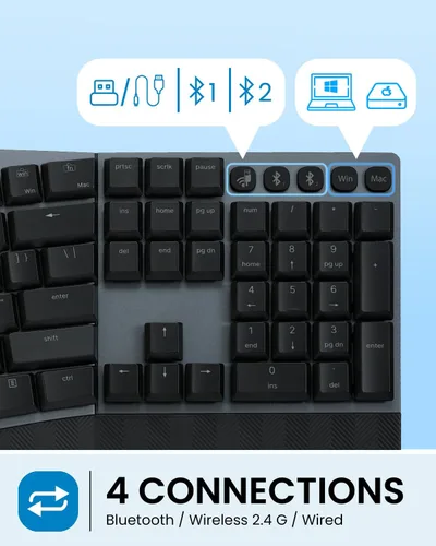 Vista 5 de Perixx PERIBOARD-735BL - Teclado mecánico ergonómico inalámbrico, interruptores azules de perfil bajo, conexión multidispositivo, compatible