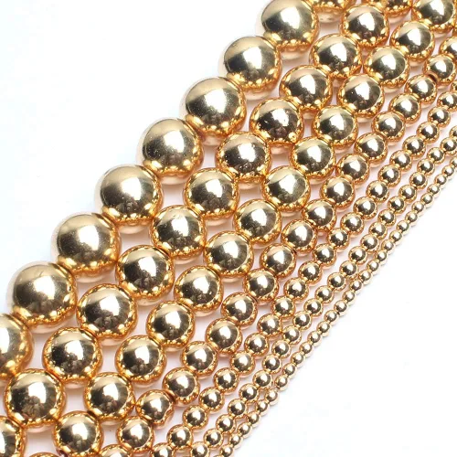 Vista 3 de Cuentas de hematita de oro de 14K, cuentas sueltas redondas para hacer joyas, pulseras y collares de bricolaje, cuentas de 6 mm/60 piezas