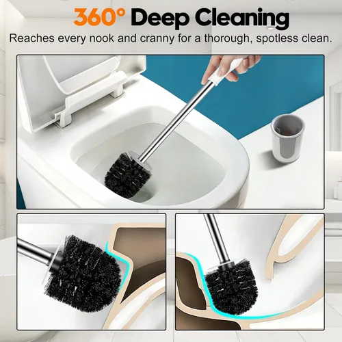 Vista 2 de Cepillo de inodoro, cepillo compacto y soporte, mango de acero inoxidable, cepillo limpiador de inodoro limpieza profunda para baño, fácil