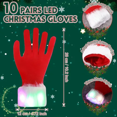 Vista 2 de Suhine 10 pares de guantes rojos de Navidad iluminados con luz LED, guantes cortos de disfraz con puño peludo blanco, guantes de Papá Noel