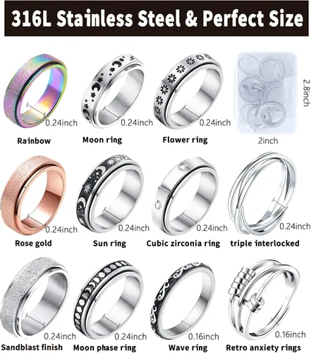 Vista 5 de Spinner Ring for Anxiety 8pcs Stainless Steel Fidget Rings Anti Anxiety Ring Spinning Moon Star Cool Stress Relieving Rings for Women Men Teens Girls